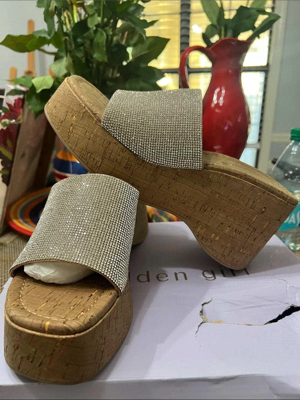 Madden Girl Tan Cork Platform Slides with Sparkle Crystal Strap